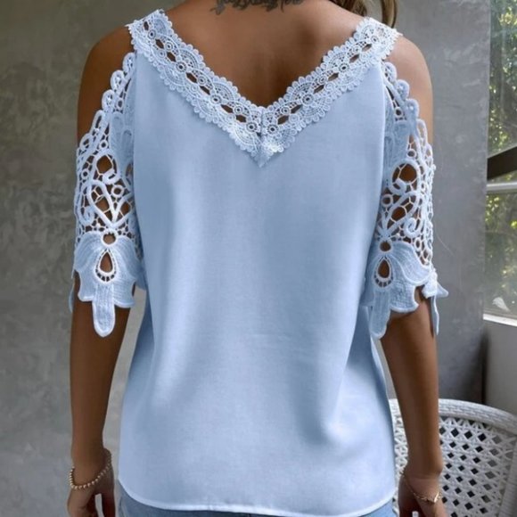 BLUE Lace Detailed cold shoulder blouse top - Picture 3 of 6